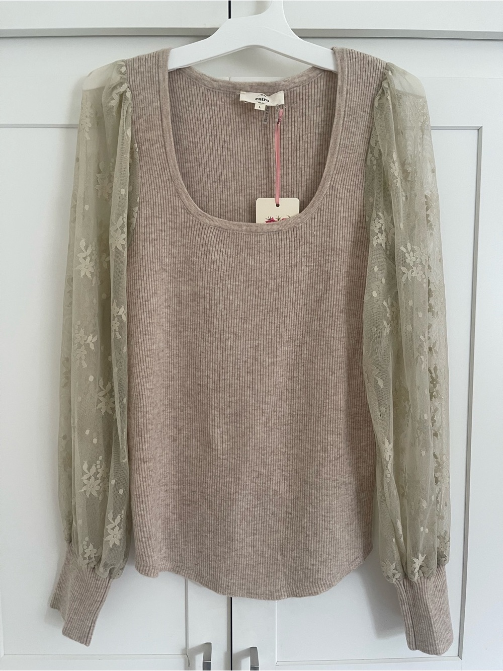 Kori Beige Ribbed Knit Top with Lace Floral Sheer Sleeves